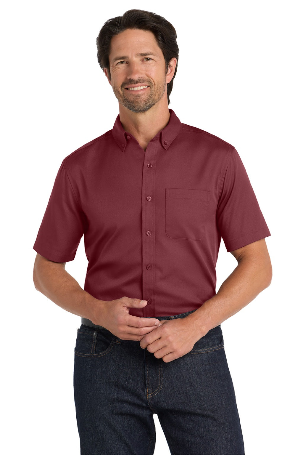 Port Authority W809 Mens SuperPro Wrinkle Resistant React Short Sleeve Button Down Shirt w/ Pocket Burgundy Model Front