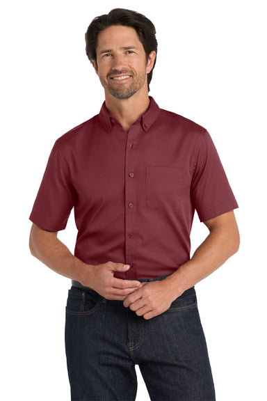 Port Authority W809 Mens SuperPro Wrinkle Resistant React Short Sleeve Button Down Shirt w/ Pocket Burgundy Model Front