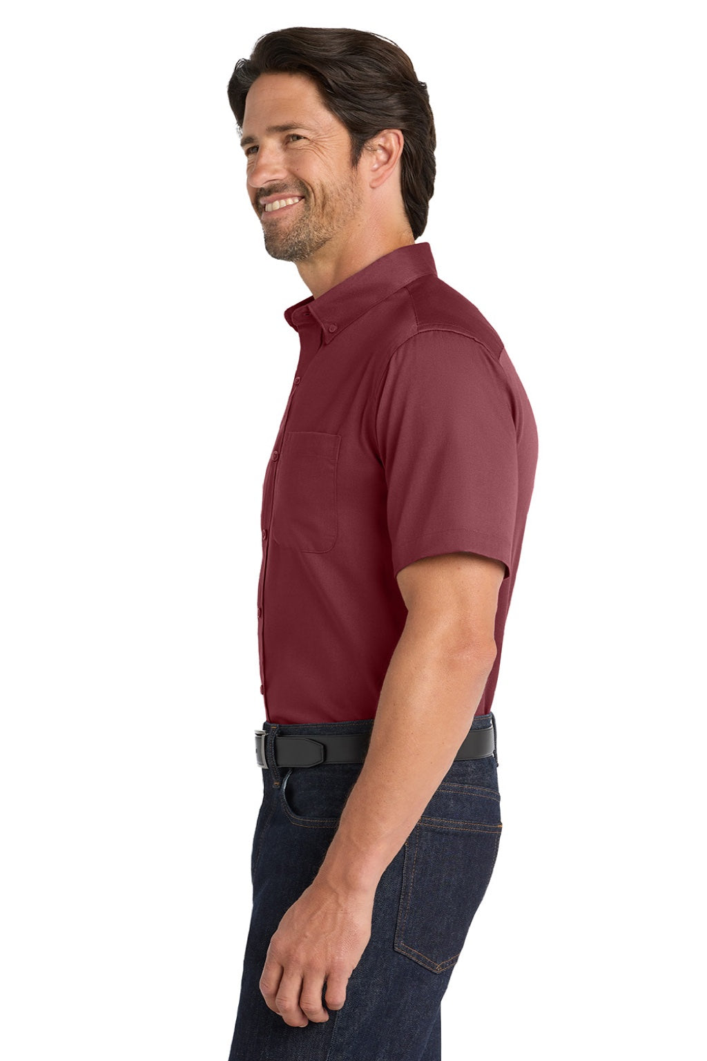 Port Authority W809 Mens SuperPro Wrinkle Resistant React Short Sleeve Button Down Shirt w/ Pocket Burgundy Model Side