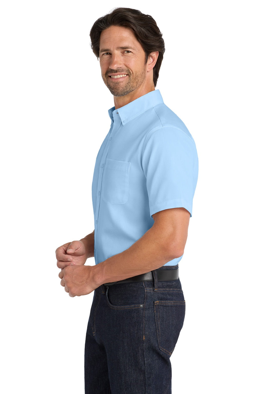 Port Authority W809 Mens SuperPro Wrinkle Resistant React Short Sleeve Button Down Shirt w/ Pocket Cloud Blue Model Side