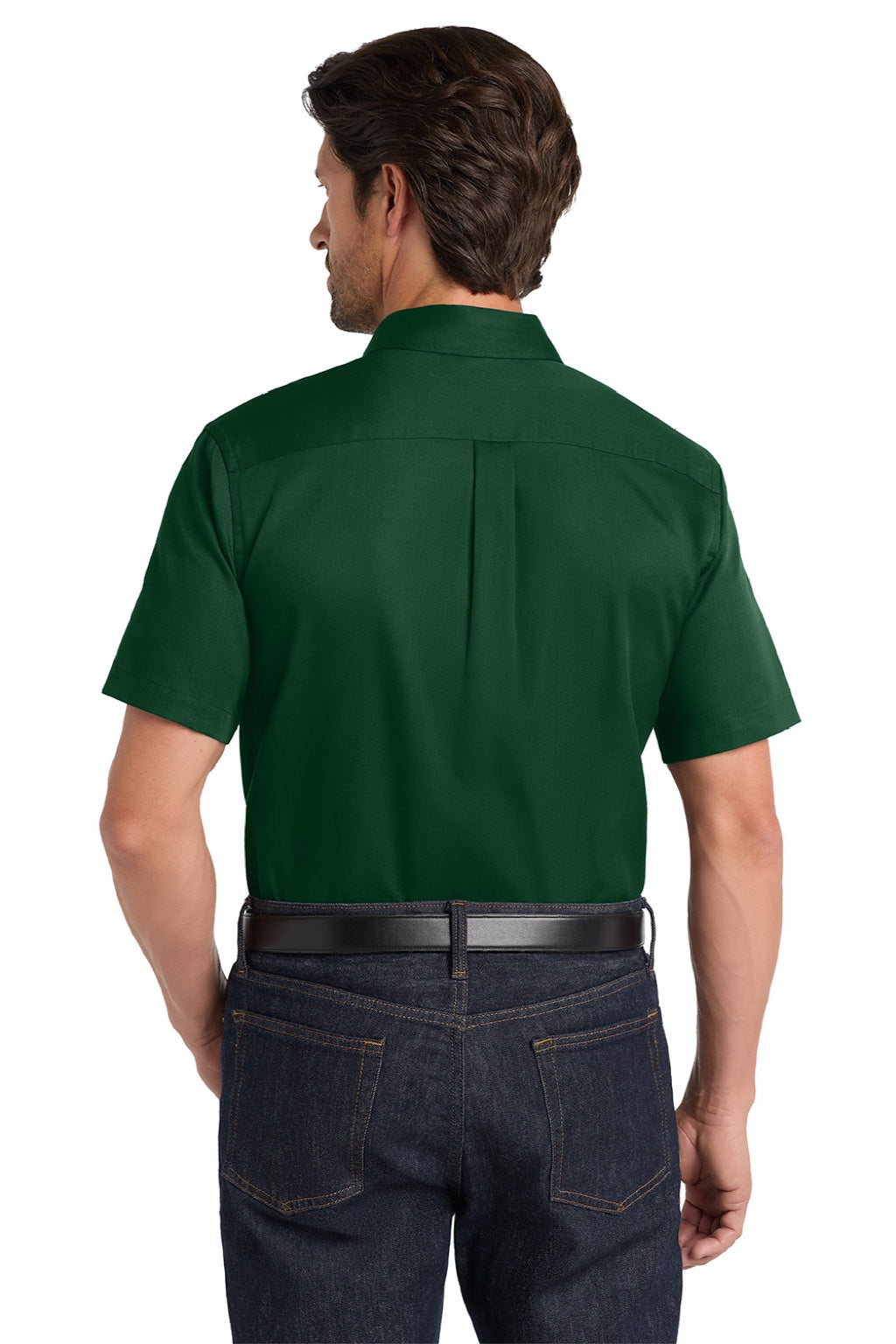 Port Authority W809 Mens SuperPro Wrinkle Resistant React Short Sleeve Button Down Shirt w/ Pocket Dark Green Model Back