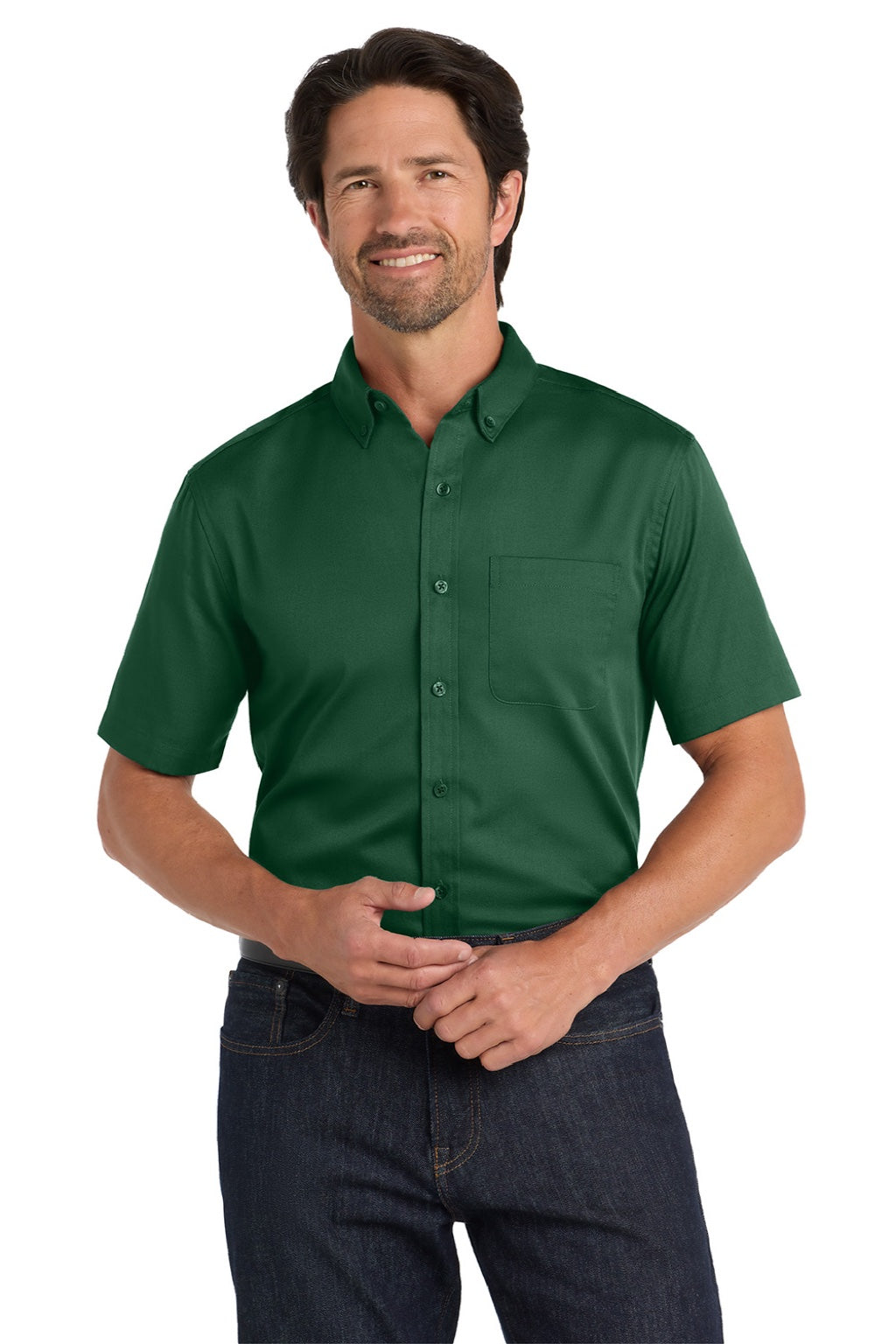 Port Authority W809 Mens SuperPro Wrinkle Resistant React Short Sleeve Button Down Shirt w/ Pocket Dark Green Model Front