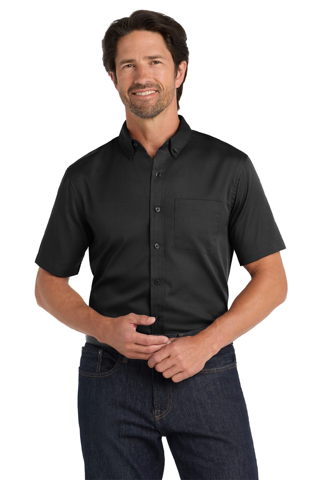 Port Authority W809 Mens SuperPro Wrinkle Resistant React Short Sleeve Button Down Shirt w/ Pocket Deep Black Model Front