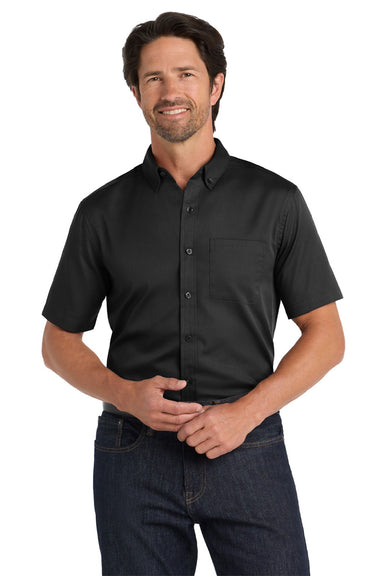Port Authority W809 Mens SuperPro Wrinkle Resistant React Short Sleeve Button Down Shirt w/ Pocket Deep Black Model Front