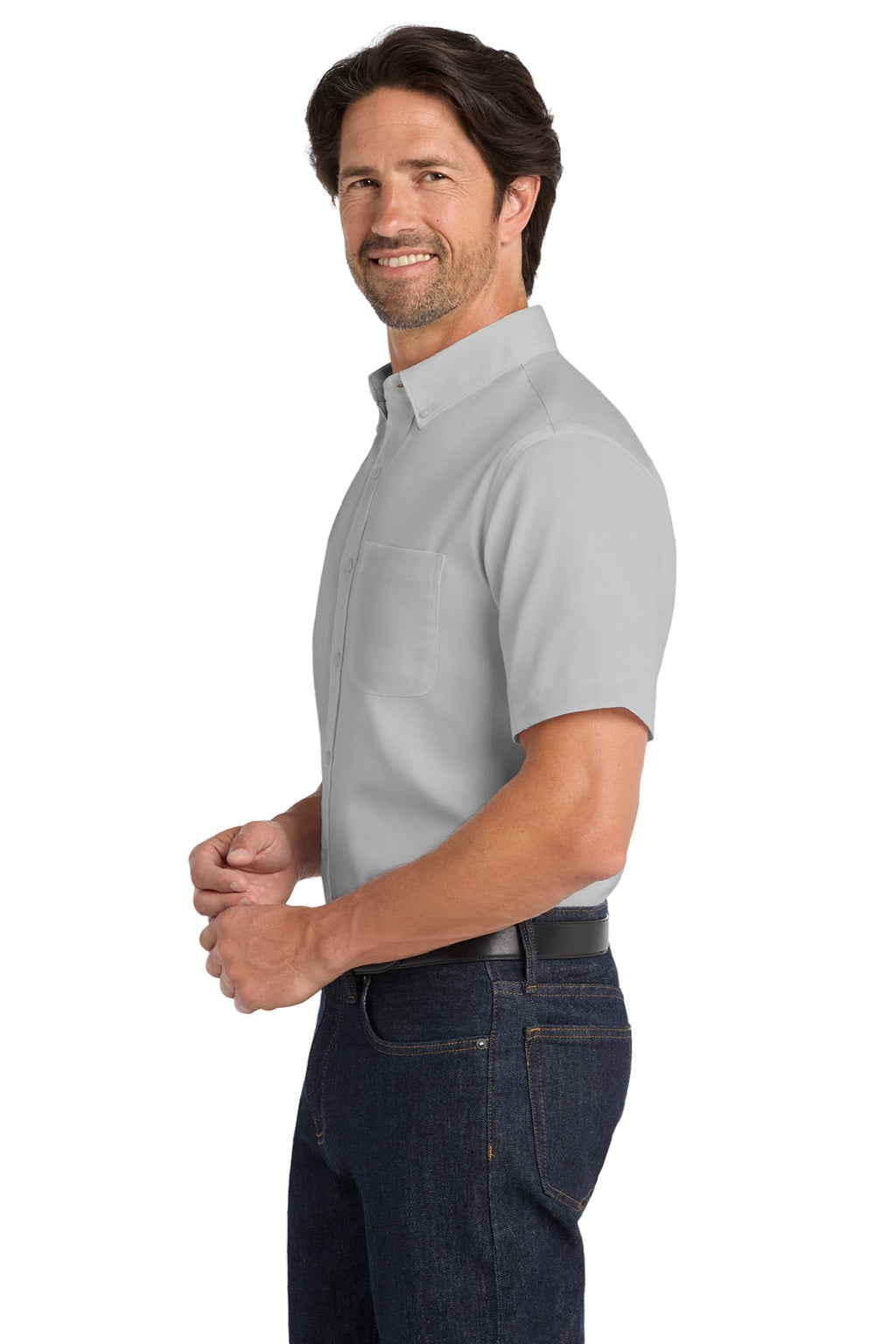 Port Authority W809 Mens SuperPro Wrinkle Resistant React Short Sleeve Button Down Shirt w/ Pocket Gusty Grey Model Side