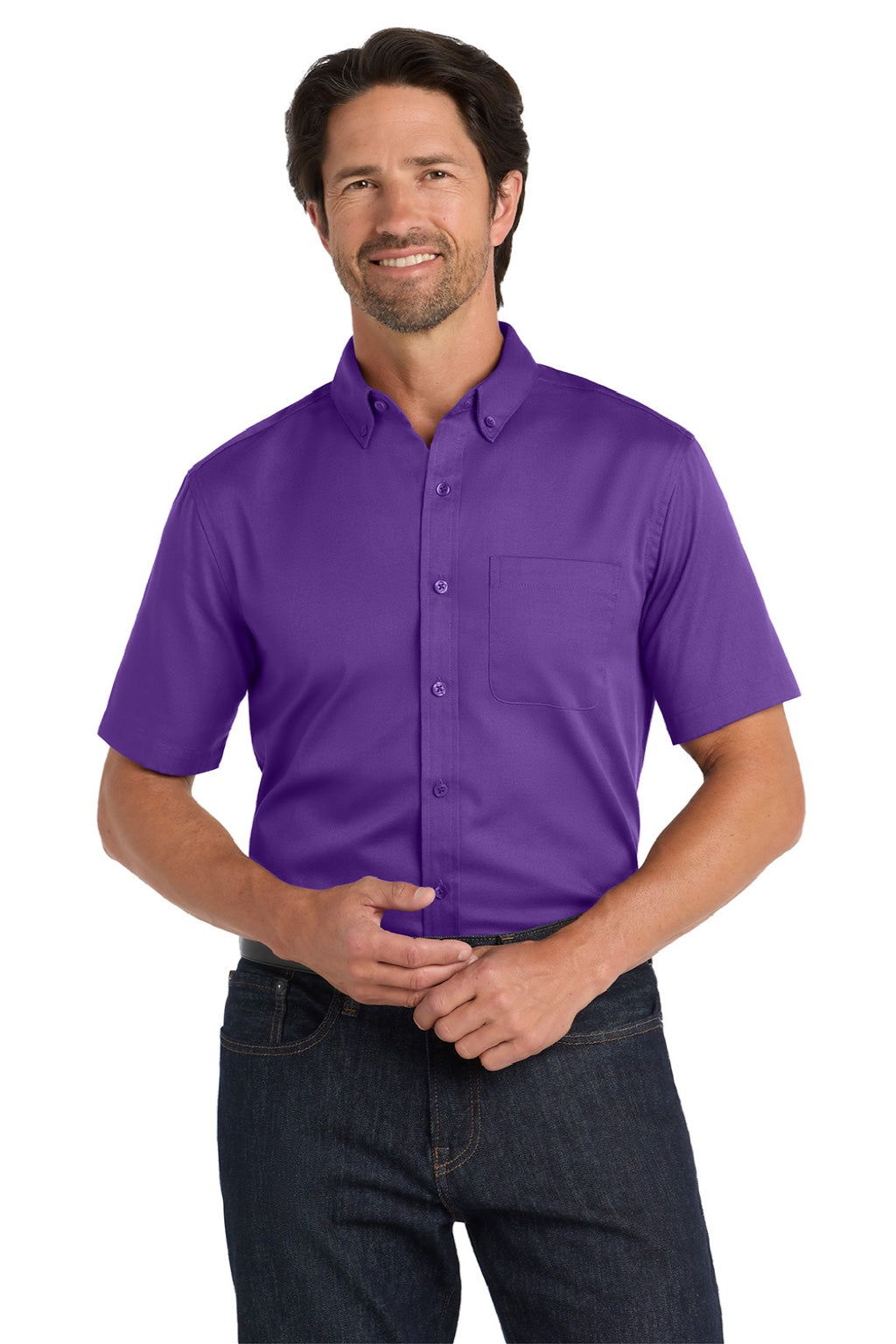 Port Authority W809 Mens SuperPro Wrinkle Resistant React Short Sleeve Button Down Shirt w/ Pocket Purple Model Front