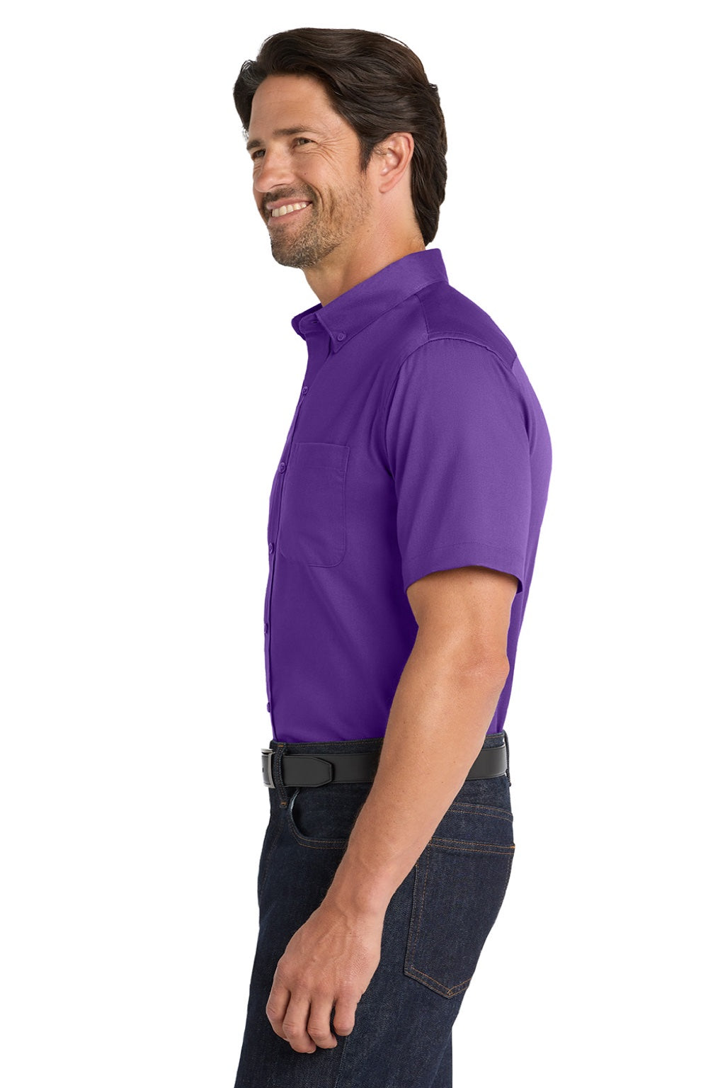Port Authority W809 Mens SuperPro Wrinkle Resistant React Short Sleeve Button Down Shirt w/ Pocket Purple Model Side