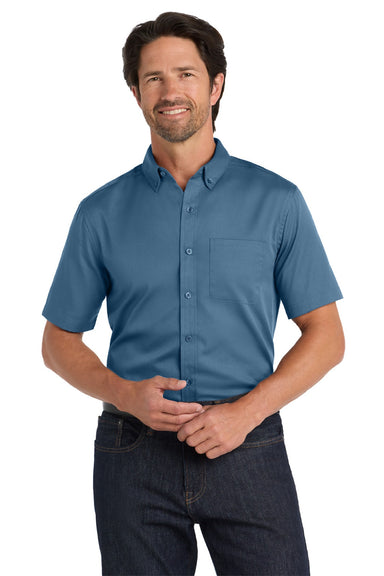 Port Authority W809 Mens SuperPro Wrinkle Resistant React Short Sleeve Button Down Shirt w/ Pocket Regatta Blue Model Front