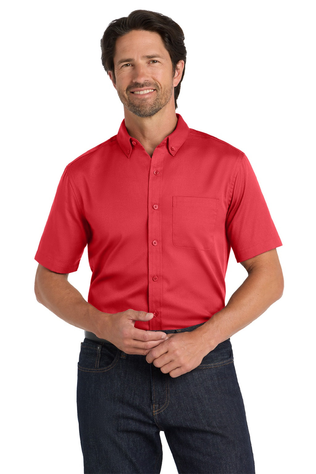 Port Authority W809 Mens SuperPro Wrinkle Resistant React Short Sleeve Button Down Shirt w/ Pocket Rich Red Model Front