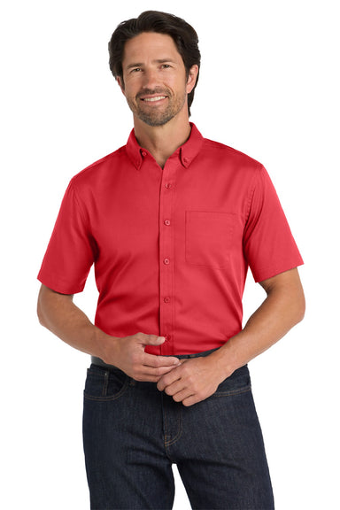 Port Authority W809 Mens SuperPro Wrinkle Resistant React Short Sleeve Button Down Shirt w/ Pocket Rich Red Model Front