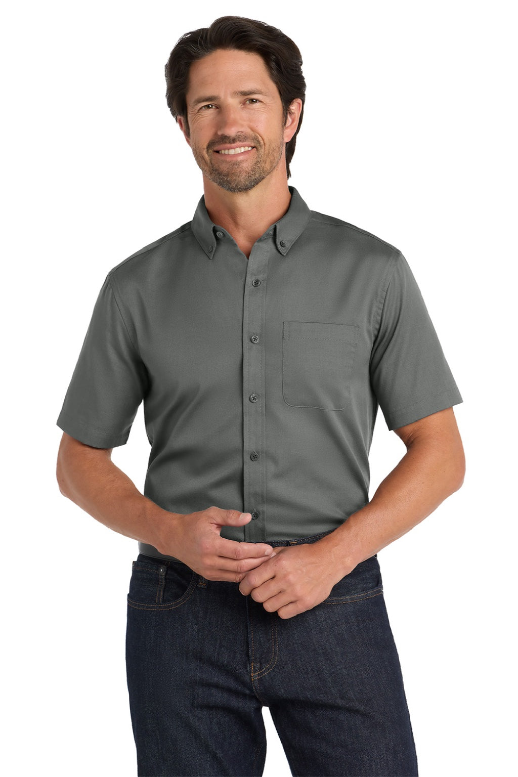 Port Authority W809 Mens SuperPro Wrinkle Resistant React Short Sleeve Button Down Shirt w/ Pocket Storm Grey Model Front