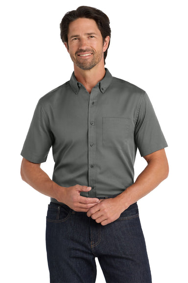 Port Authority W809 Mens SuperPro Wrinkle Resistant React Short Sleeve Button Down Shirt w/ Pocket Storm Grey Model Front