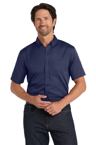 Port Authority W809 Mens SuperPro Wrinkle Resistant React Short Sleeve Button Down Shirt w/ Pocket True Navy Blue Model Front