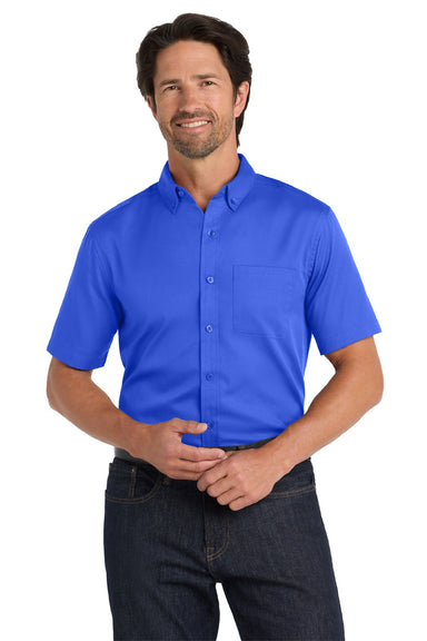 Port Authority W809 Mens SuperPro Wrinkle Resistant React Short Sleeve Button Down Shirt w/ Pocket True Royal Blue Model Front