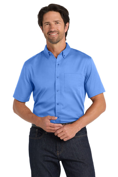Port Authority W809 Mens SuperPro Wrinkle Resistant React Short Sleeve Button Down Shirt w/ Pocket Ultramarine Blue Model Front