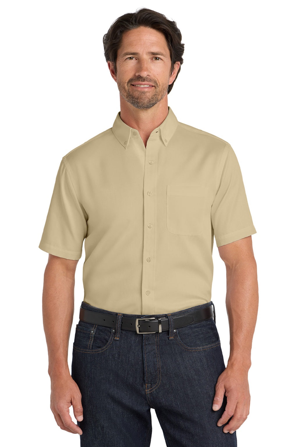 Port Authority W809 Mens SuperPro Wrinkle Resistant React Short Sleeve Button Down Shirt w/ Pocket Wheat Model Front