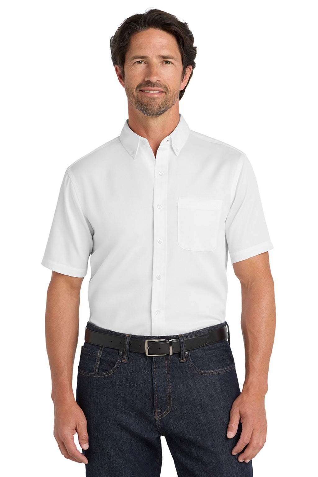 Port Authority W809 Mens SuperPro Wrinkle Resistant React Short Sleeve Button Down Shirt w/ Pocket White Model Front