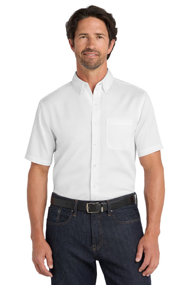 Port Authority W809 Mens SuperPro Wrinkle Resistant React Short Sleeve Button Down Shirt w/ Pocket White Model Front