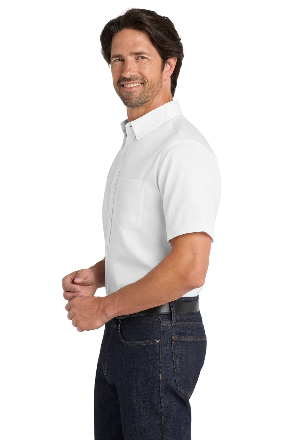 Port Authority W809 Mens SuperPro Wrinkle Resistant React Short Sleeve Button Down Shirt w/ Pocket White Model Side