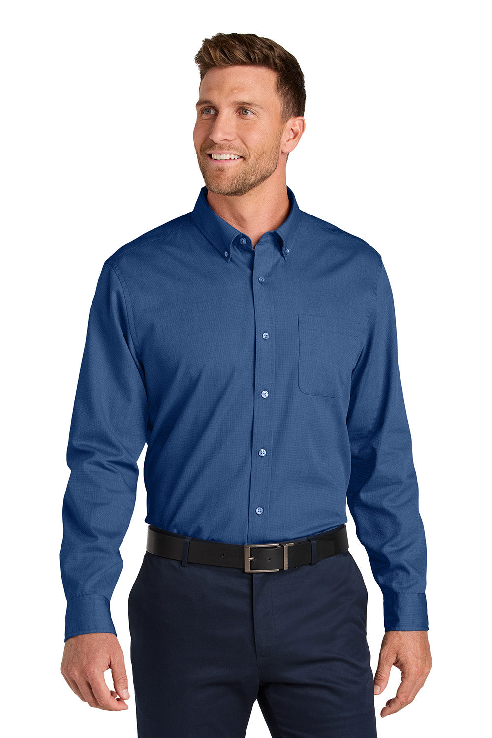 Port Authority W816 Mens Nailhead Easy Care Long Sleeve Button Down Shirt w/ Pocket Mediterranean Blue Model Front