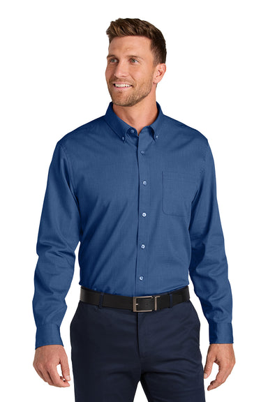 Port Authority W816 Mens Nailhead Easy Care Long Sleeve Button Down Shirt w/ Pocket Mediterranean Blue Model Front