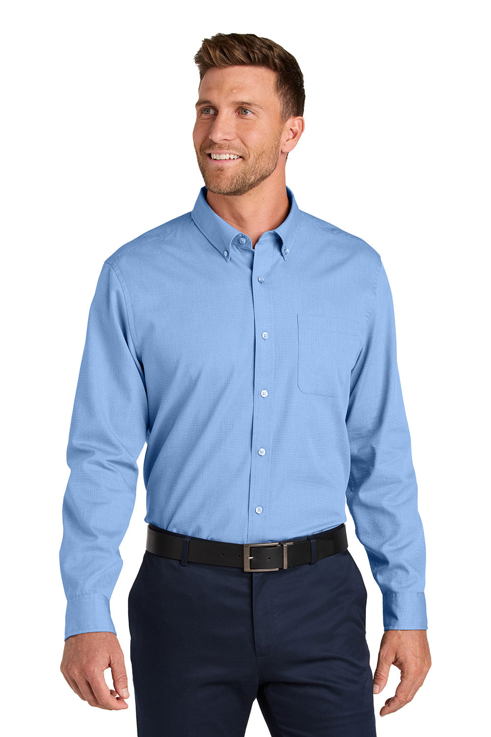 Port Authority W816 Mens Nailhead Easy Care Long Sleeve Button Down Shirt w/ Pocket Swiss Blue Model Front