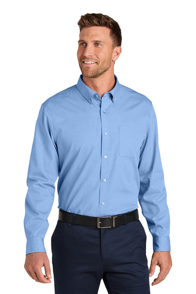 Port Authority W816 Mens Nailhead Easy Care Long Sleeve Button Down Shirt w/ Pocket Swiss Blue Model Front