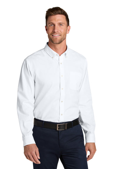 Port Authority W816 Mens Nailhead Easy Care Long Sleeve Button Down Shirt w/ Pocket White Model Front