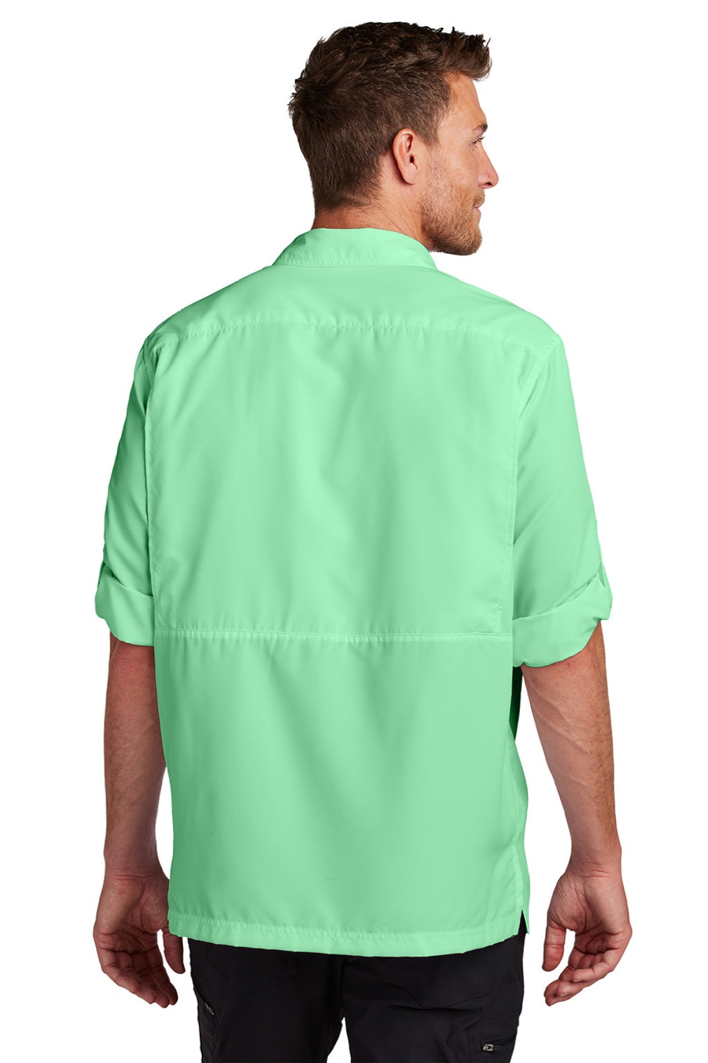 Port Authority W960 Mens Daybreak Moisture Wicking Long Sleeve Button Down Shirt w/ Double Pockets Bright Seafoam Green Model Back