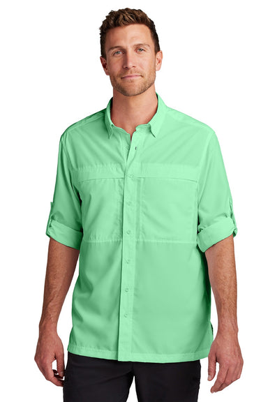 Port Authority W960 Mens Daybreak Moisture Wicking Long Sleeve Button Down Shirt w/ Double Pockets Bright Seafoam Green Model Front