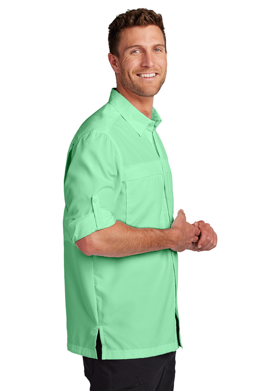 Port Authority W960 Mens Daybreak Moisture Wicking Long Sleeve Button Down Shirt w/ Double Pockets Bright Seafoam Green Model Side