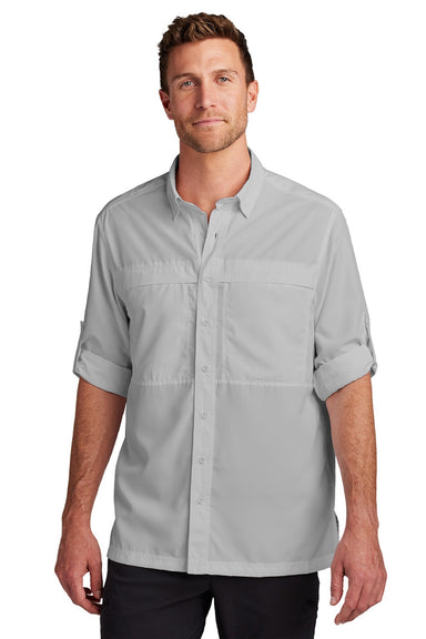 Port Authority W960 Mens Daybreak Moisture Wicking Long Sleeve Button Down Shirt w/ Double Pockets Gusty Grey Model Front