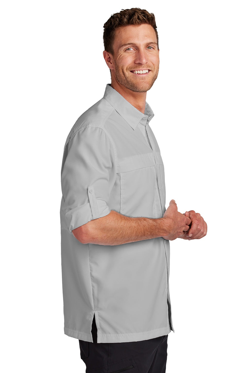Port Authority W960 Mens Daybreak Moisture Wicking Long Sleeve Button Down Shirt w/ Double Pockets Gusty Grey Model Side