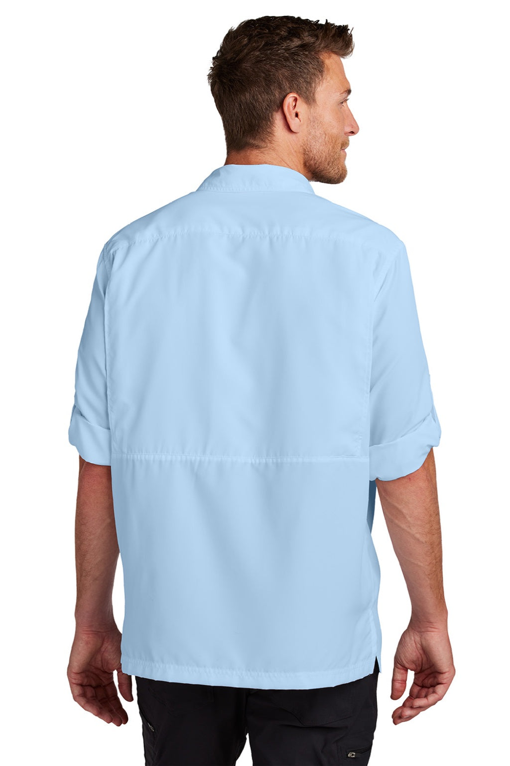 Port Authority W960 Mens Daybreak Moisture Wicking Long Sleeve Button Down Shirt w/ Double Pockets Light Blue Model Back