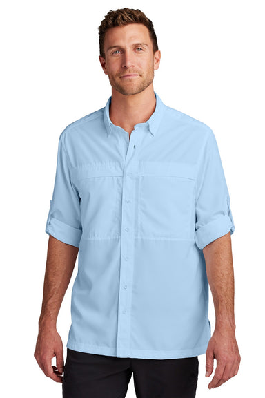 Port Authority W960 Mens Daybreak Moisture Wicking Long Sleeve Button Down Shirt w/ Double Pockets Light Blue Model Front