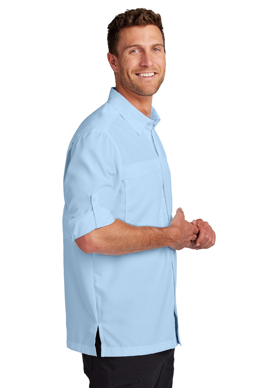 Port Authority W960 Mens Daybreak Moisture Wicking Long Sleeve Button Down Shirt w/ Double Pockets Light Blue Model Side