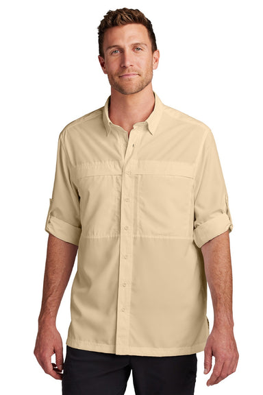 Port Authority W960 Mens Daybreak Moisture Wicking Long Sleeve Button Down Shirt w/ Double Pockets Oat Model Front