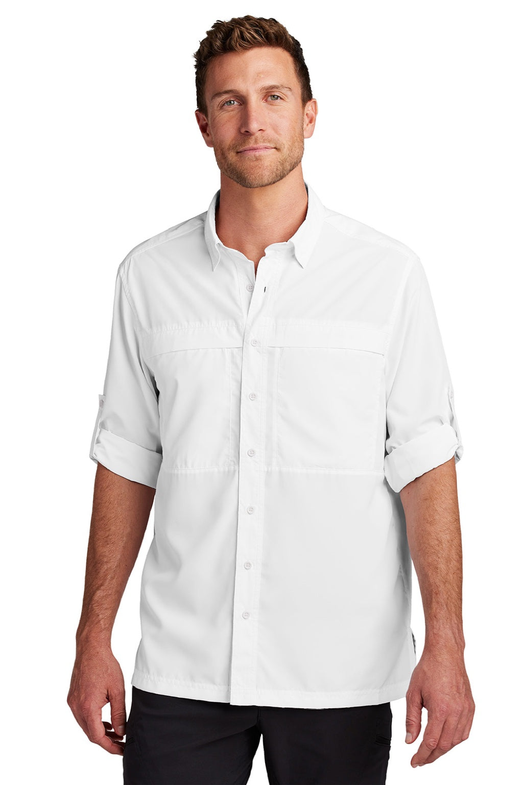 Port Authority W960 Mens Daybreak Moisture Wicking Long Sleeve Button Down Shirt w/ Double Pockets White Model Front