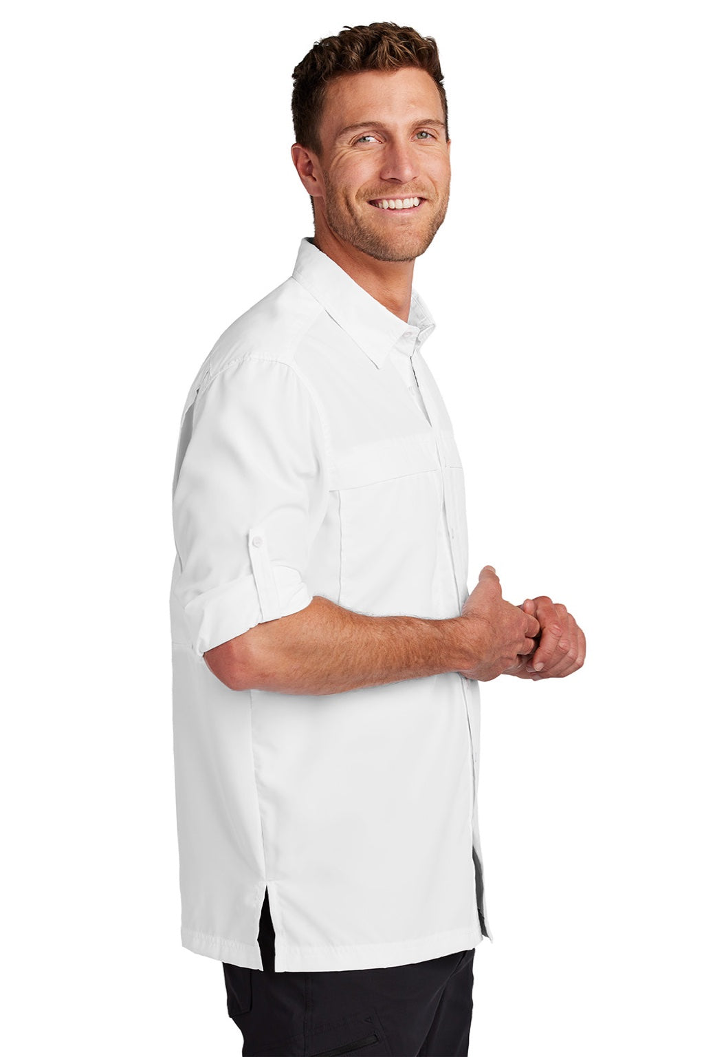 Port Authority W960 Mens Daybreak Moisture Wicking Long Sleeve Button Down Shirt w/ Double Pockets White Model Side