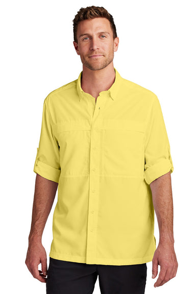 Port Authority W960 Mens Daybreak Moisture Wicking Long Sleeve Button Down Shirt w/ Double Pockets Yellow Model Front
