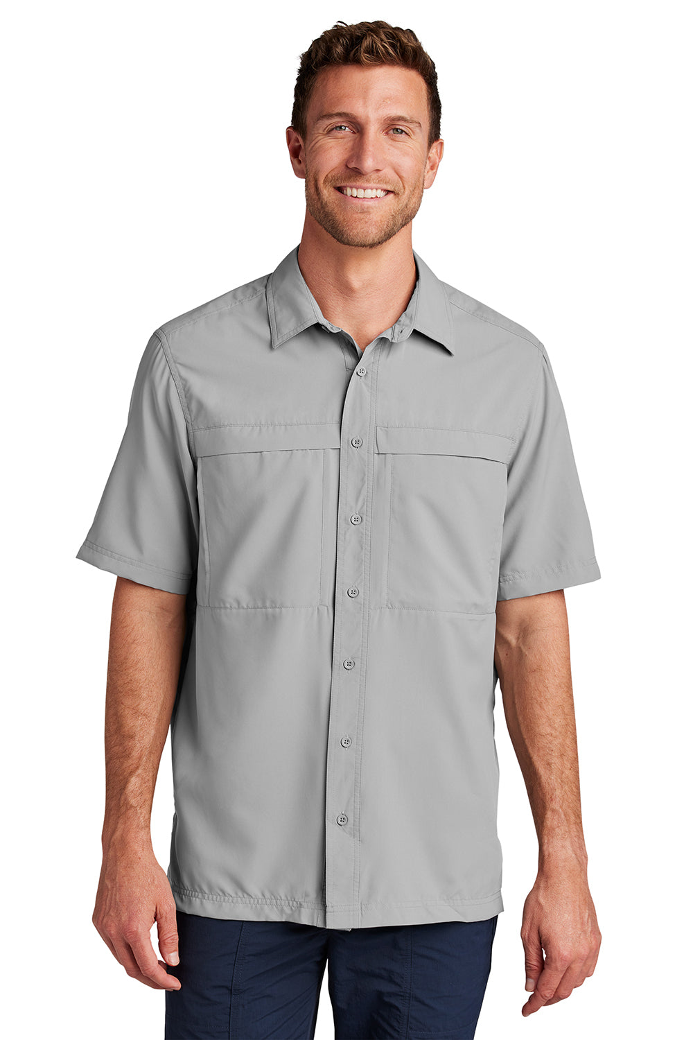 Port Authority W961 Mens Daybreak Moisture Wicking Short Sleeve Button Down Shirt w/ Double Pockets Gusty Grey Model Front