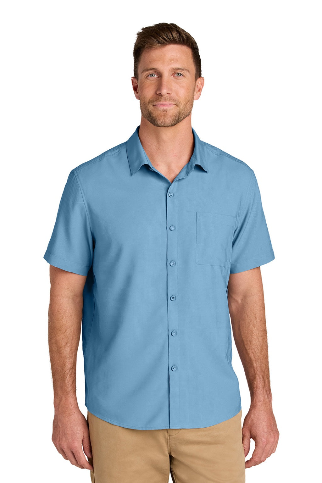 Port Authority W963 Mens UV Dockside Moisture Wicking Short Sleeve Button Down Shirt w/ Pocket Carolina Blue Model Front