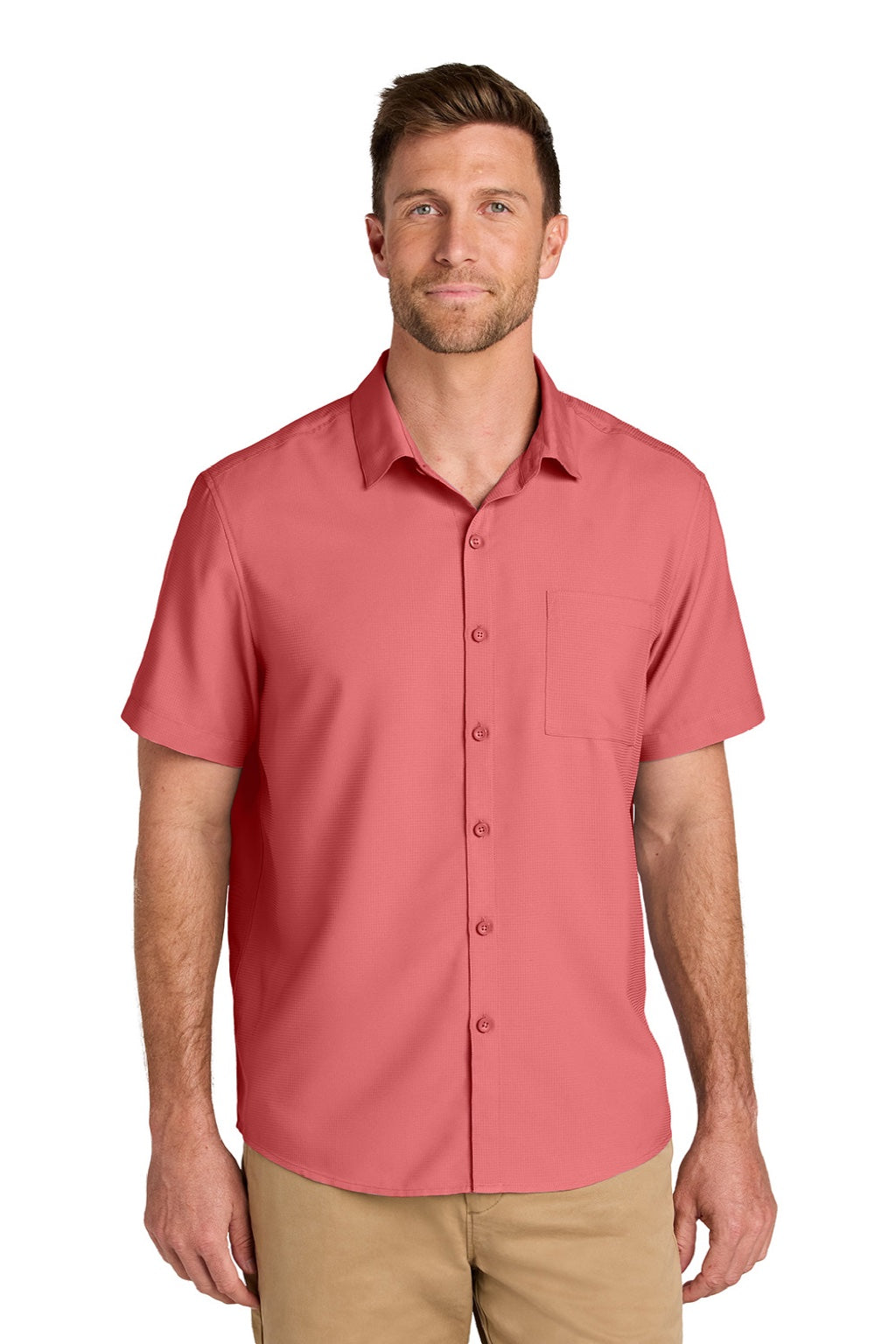 Port Authority W963 Mens UV Dockside Moisture Wicking Short Sleeve Button Down Shirt w/ Pocket Coral Reef Model Front