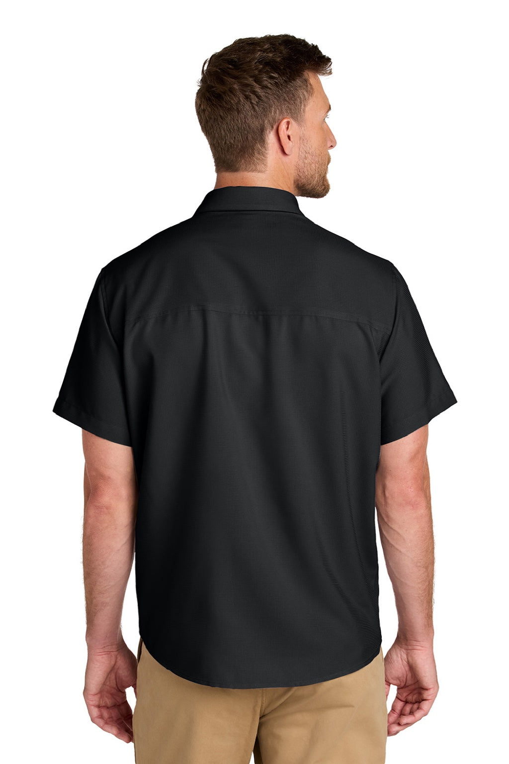 Port Authority W963 Mens UV Dockside Moisture Wicking Short Sleeve Button Down Shirt w/ Pocket Deep Black Model Back