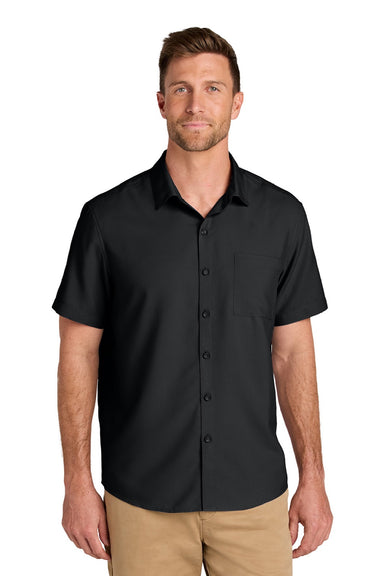 Port Authority W963 Mens UV Dockside Moisture Wicking Short Sleeve Button Down Shirt w/ Pocket Deep Black Model Front