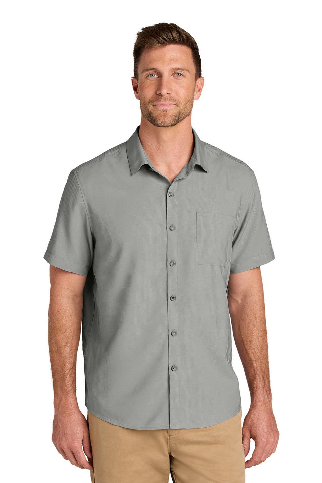 Port Authority W963 Mens UV Dockside Moisture Wicking Short Sleeve Button Down Shirt w/ Pocket Gusty Grey Model Front