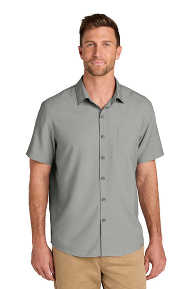 Port Authority W963 Mens UV Dockside Moisture Wicking Short Sleeve Button Down Shirt w/ Pocket Gusty Grey Model Front