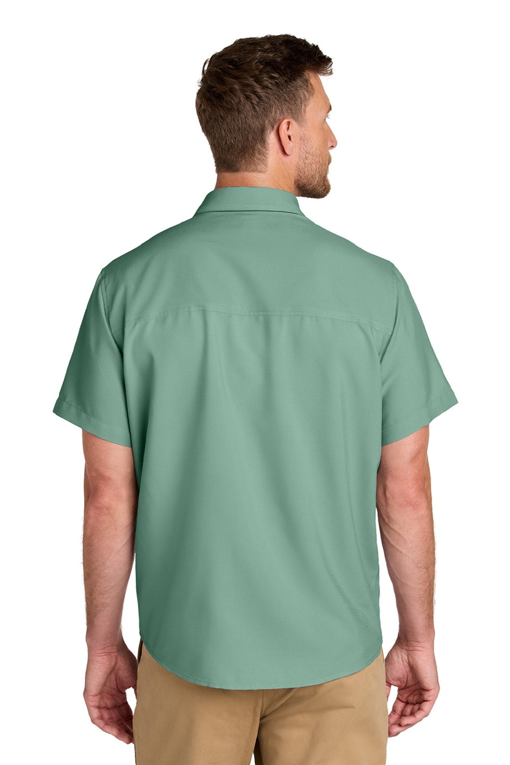 Port Authority W963 Mens UV Dockside Moisture Wicking Short Sleeve Button Down Shirt w/ Pocket Sage Green Model Back