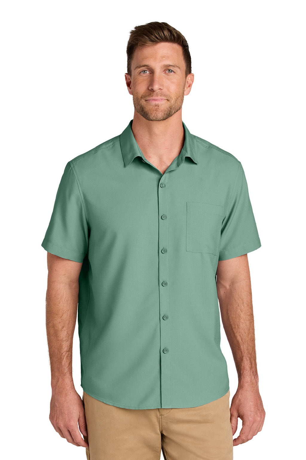 Port Authority W963 Mens UV Dockside Moisture Wicking Short Sleeve Button Down Shirt w/ Pocket Sage Green Model Front