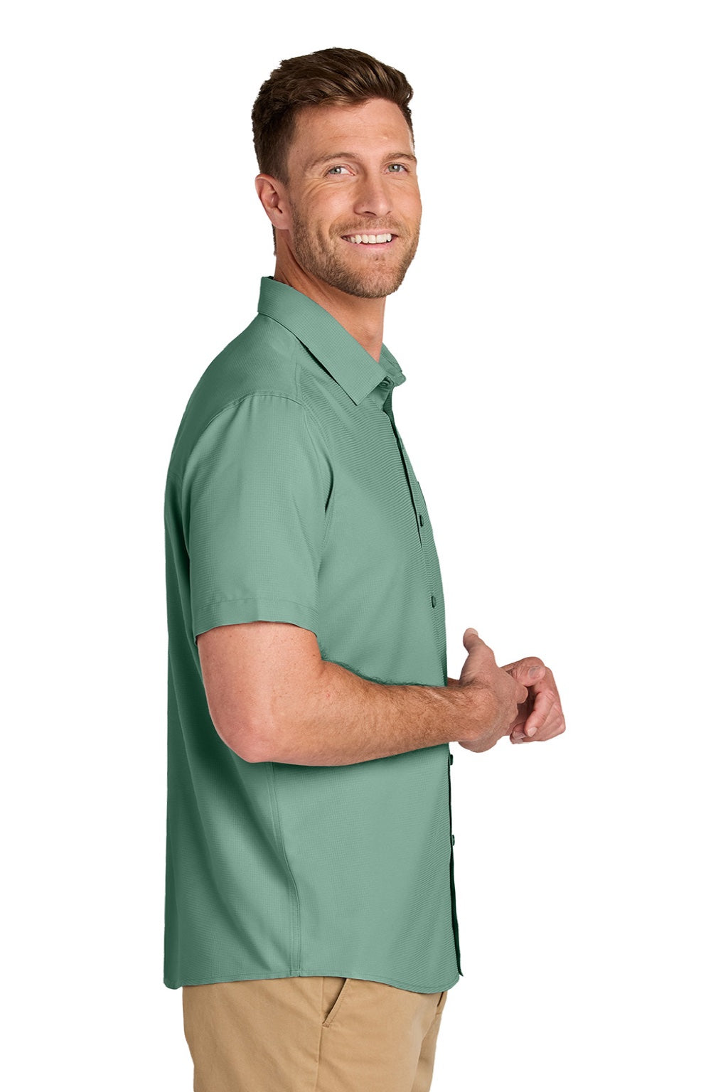 Port Authority W963 Mens UV Dockside Moisture Wicking Short Sleeve Button Down Shirt w/ Pocket Sage Green Model Side